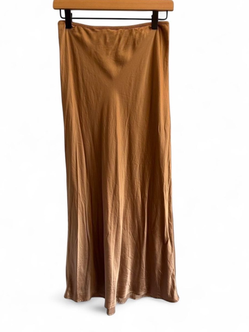 Reformation Satin Bias Maxi Skirt in Camel Brown